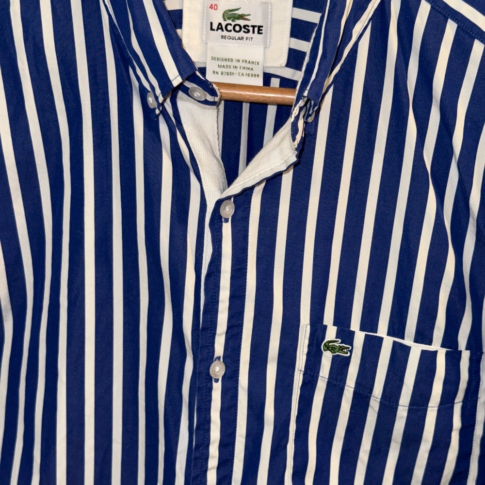 Lacoste Men's Navy and White Striped Button Down Shirt